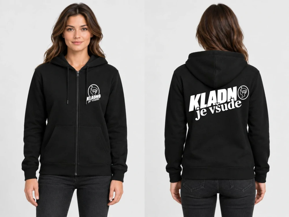 Unisex mikina na zip s potiskem „KLADNO je všude“