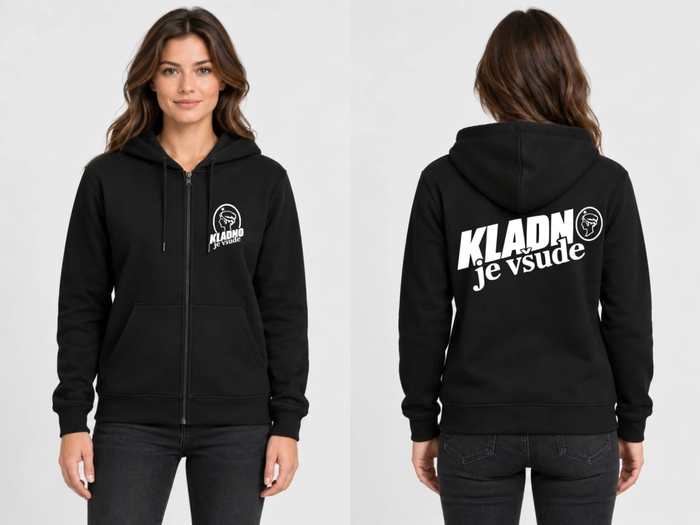 Unisex mikina na zip s potiskem „KLADNO je všude“